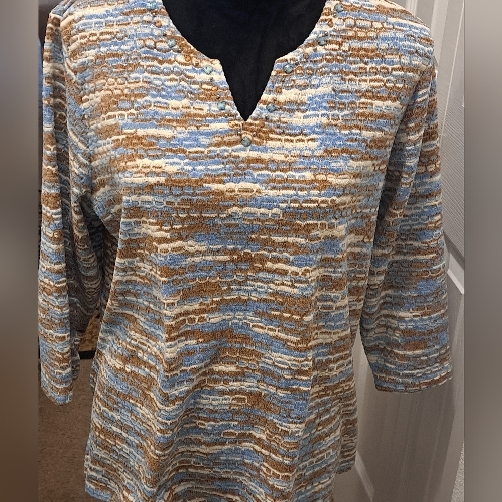 Alfred Dunner Multi Colored V Neck Top With Beading Size L